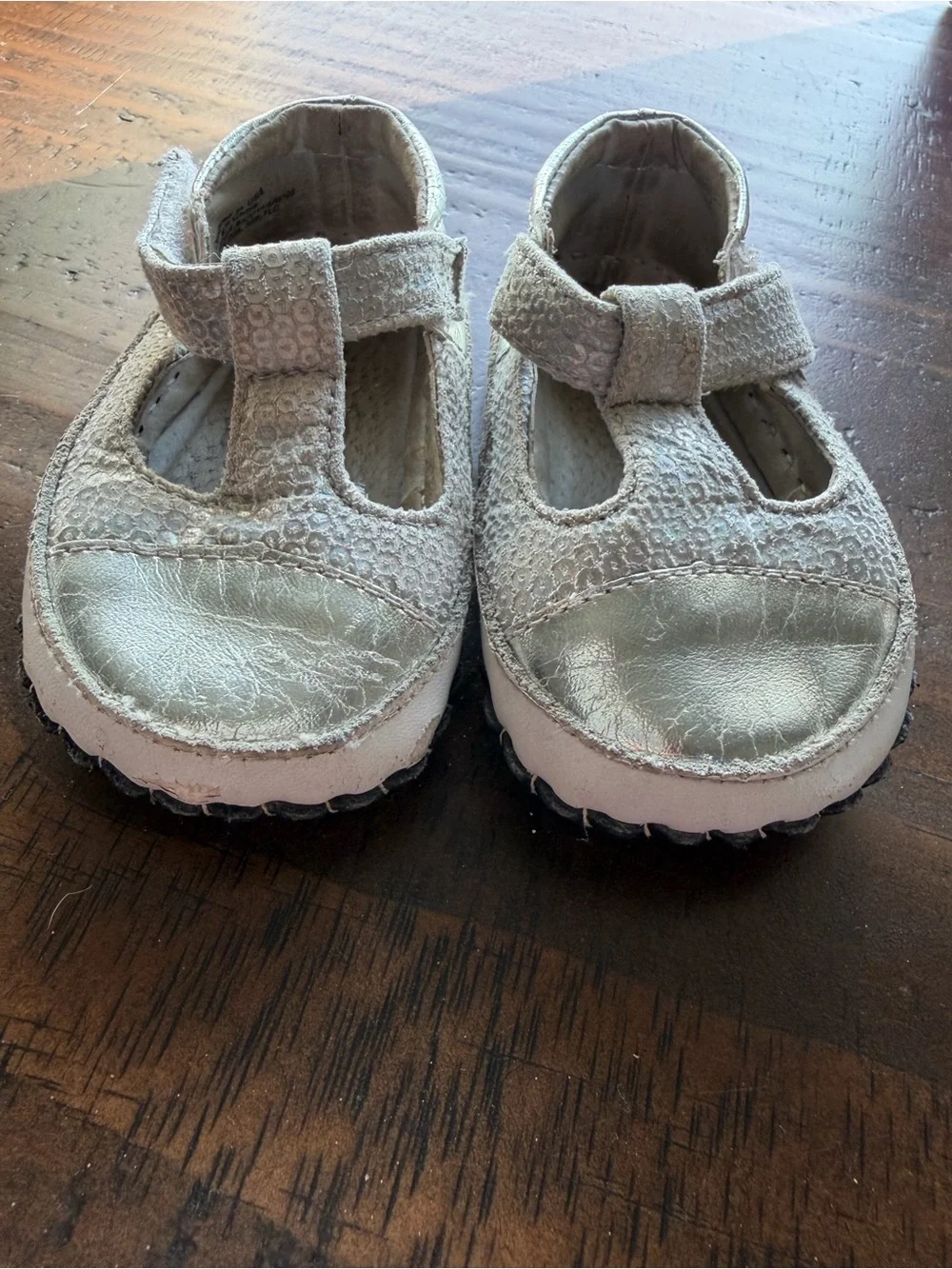 pediped Cream T-Strap Toddler Shoes with Metallic Silver Toe